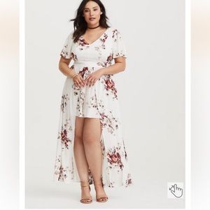 Torrid Ivory Floral Romper With Maxi Skirt Overlay Dress